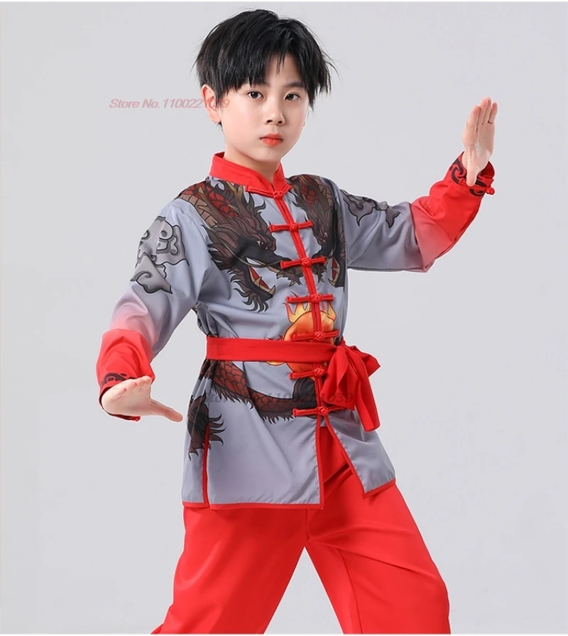 2024 chinese traditional kungfu shaolin uniform children wushu costume retro dragon print martial training exercise practice set