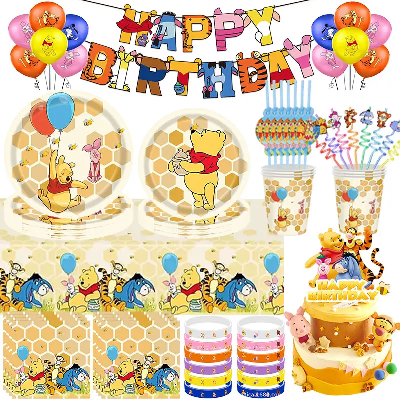 Décorations de fête Winnie l'ourson, vaisselle en papier, sacs cadeaux, ballons numériques, fournitures de fête, cadeaux d'arrière-plan pour anniversaire d'enfants