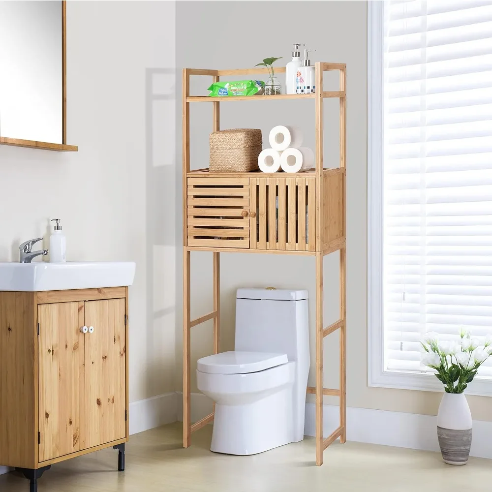 

Over Toilet Bathroom Organizer, 3-Tier Space Saver Organizer with Shelf, Multifunctional Toilet Rack, Storage Cabinet with Doors