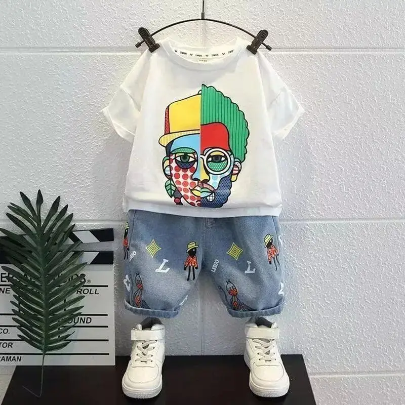 

Boys Summer Clothing Set New Children's Summer Sports Short sleeved T-shirt+Denim Shorts Handsome 2PCS Kids Outfits For 90-160cm