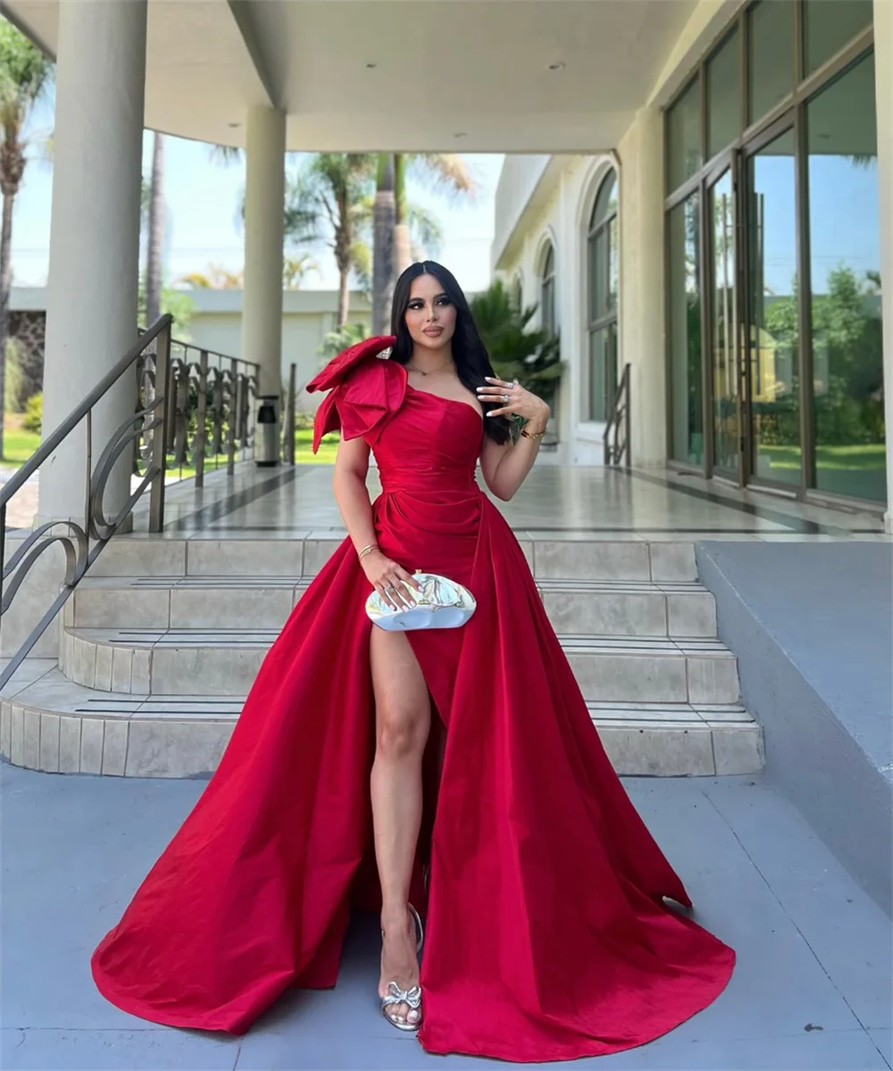 Jessica Red Shoulder Prom Dresses Sweet Bow Mermaid Luxury Evening Dresses Sexy Side Slit Elegant Lady Wedding Party Dress