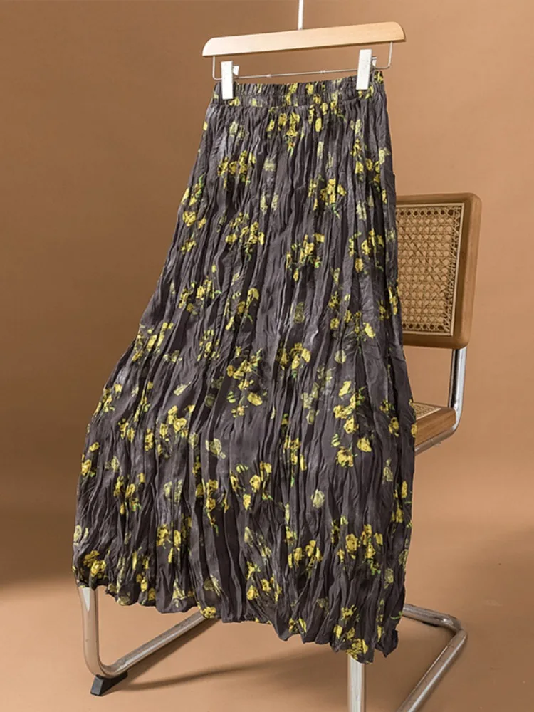 الرجعية الأزهار مطوي ألف خط ميدي تنورة المرأة حجم كبير فضفاض عالية الخصر التخسيس ثنى عادية تنورة كاملة تخفيف Sle