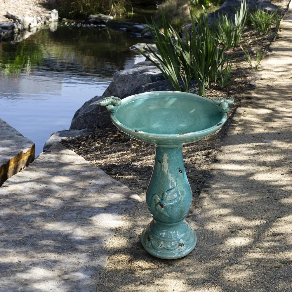 

25" Tall Outdoor Ceramic Antique Pedestal Birdbath with 2 Bird Figurines, Turquoise