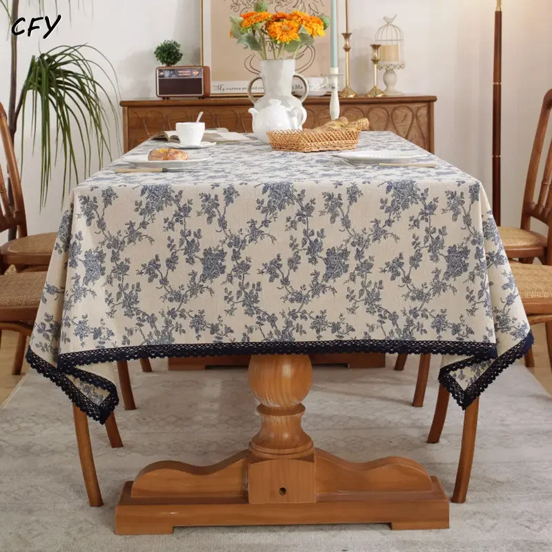 

American Cotton Linen Blue Plum Blossom Tablecloth for Table Rectangular Tablecloth with Tassel Dining Table Cover Tea Cloth