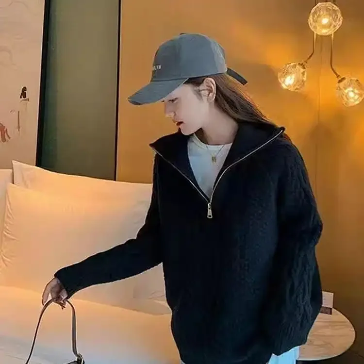 الخريف والشتاء كسول الياقة المدورة تويست متماسكة البلوز المرأة سستة بلون المألوف عارضة أعلى #5