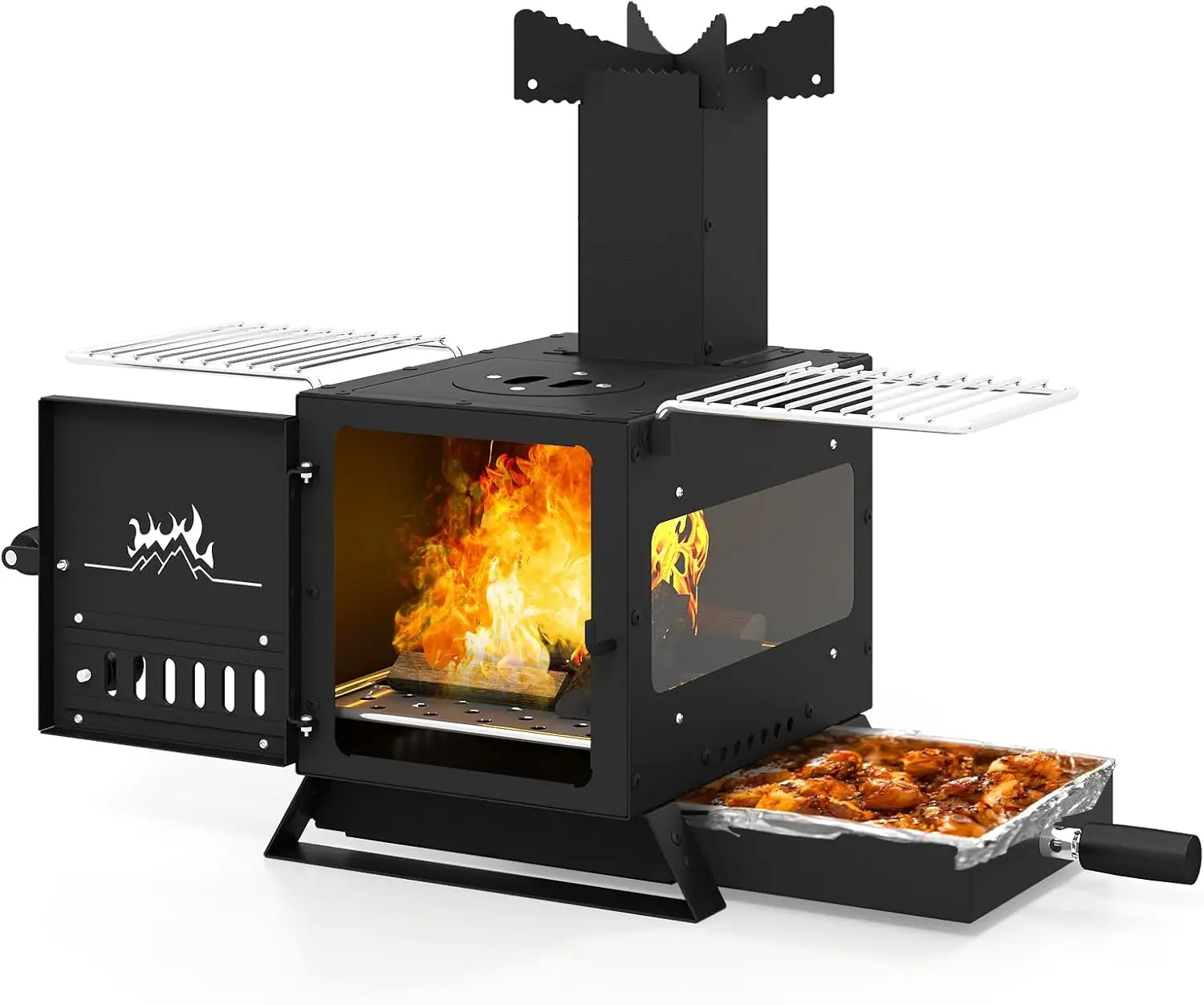 Wood Burning Stove Featuring a Heat-Resistant Glass Viewing Window and Included Grill Net