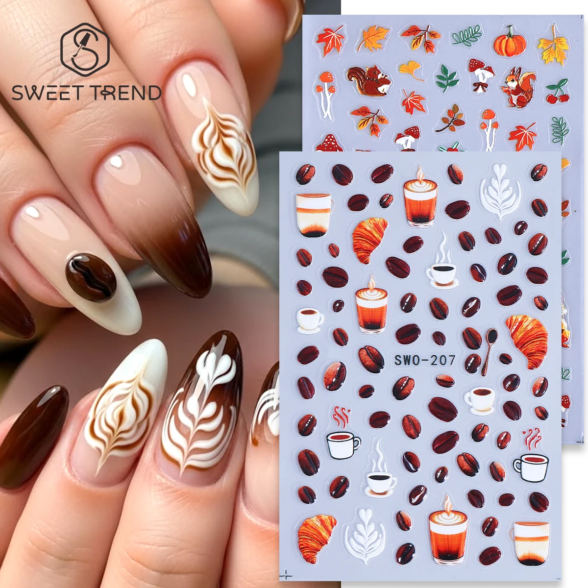 2pcs Autumn Fall Nail Stickers 3D Coffee Bean Latte Squirrel Maple Pumpkin Decals Thanksgiving Manicure Decor DIY Nail Supplies