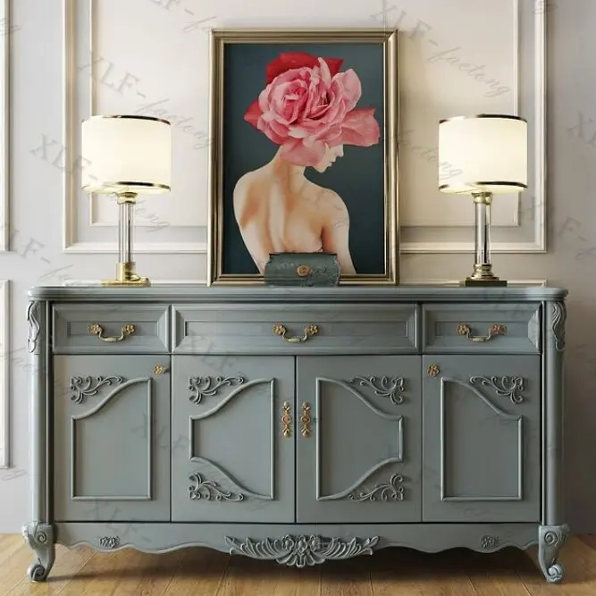 

French solid wood dining side cabinet old retro carved storage multi-functional antique small apartment decorative cabinet