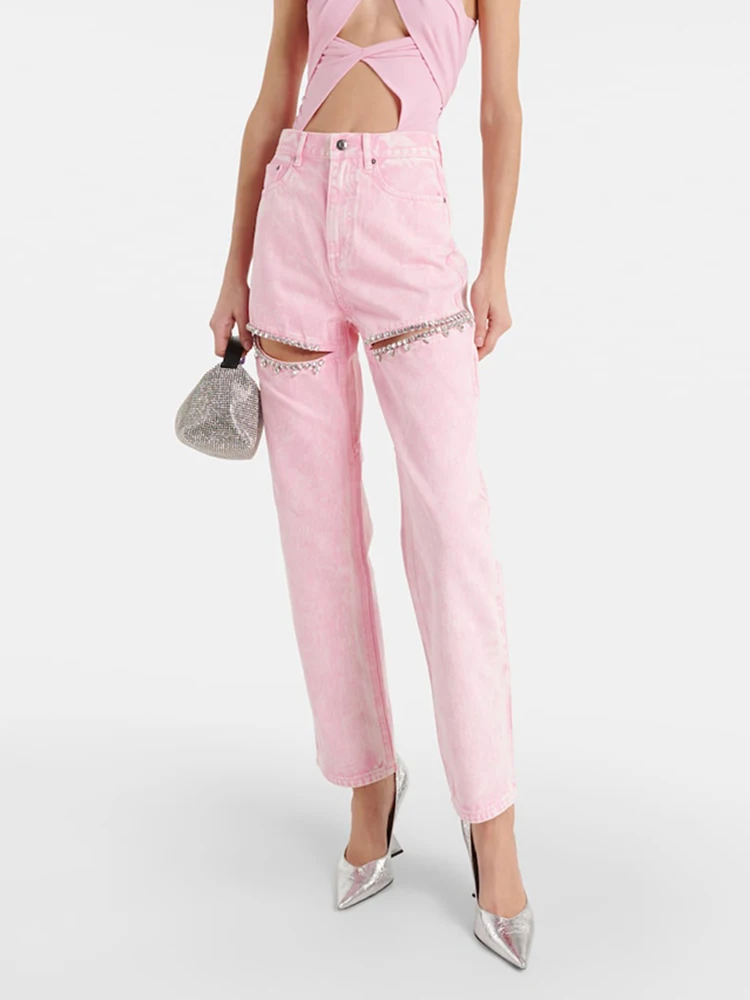 TWOTWINSTYLE Solid Designer Hollow Out Ankle-Length Pant For Women High Waist Patchwork Diamonds Wide Leg Pants Female TPA640161