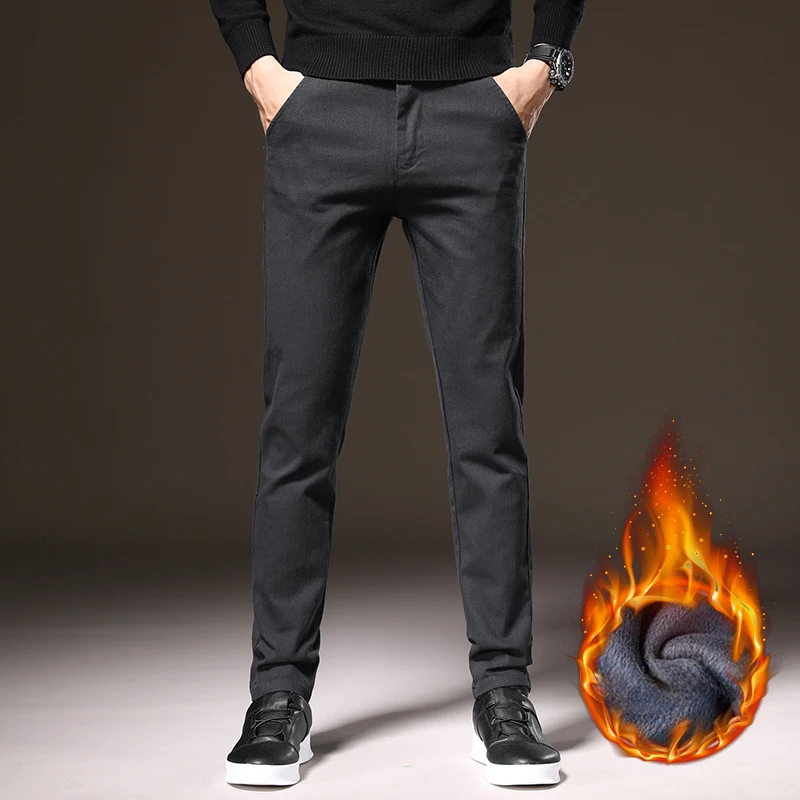 Thickened Fleece Lined Mens Casual Pants Winter Warm Soft Fabric Elastic Straight Pants Comfortable Daily Wear Slim Fit Trousers