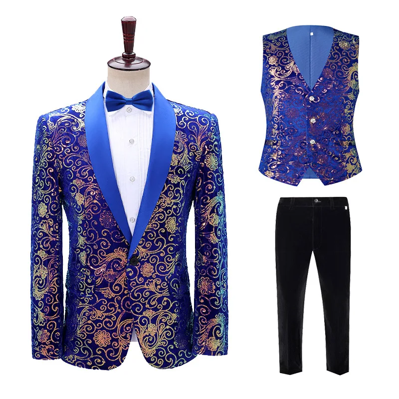 Men's Asian Size Three-Piece Suit, Cloud-Patterned Sequined Suit, Designed for Hosts and Singers' Stage Performances