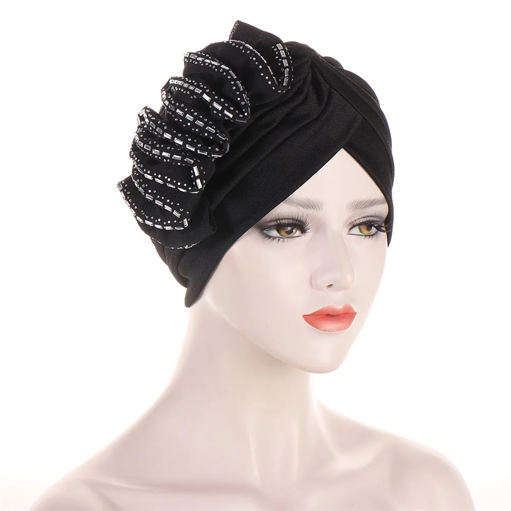 2024 Trendy Women Flower Turban Hat Fashion India Hat Muslim Hijab Caps Diamonds Head Wrap Ladies Bandana Chemo Cap African Hat