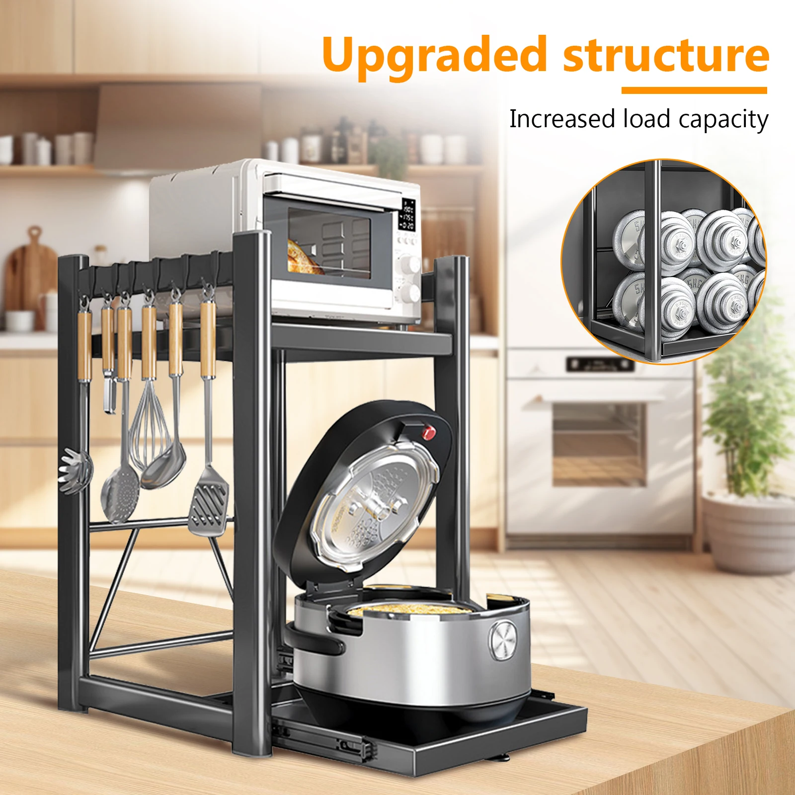 Expandable Microwave Rack with Hooks Extendable Microwave Stand Non Slip Microwave Oven Rack Carbon Steel for Countertop