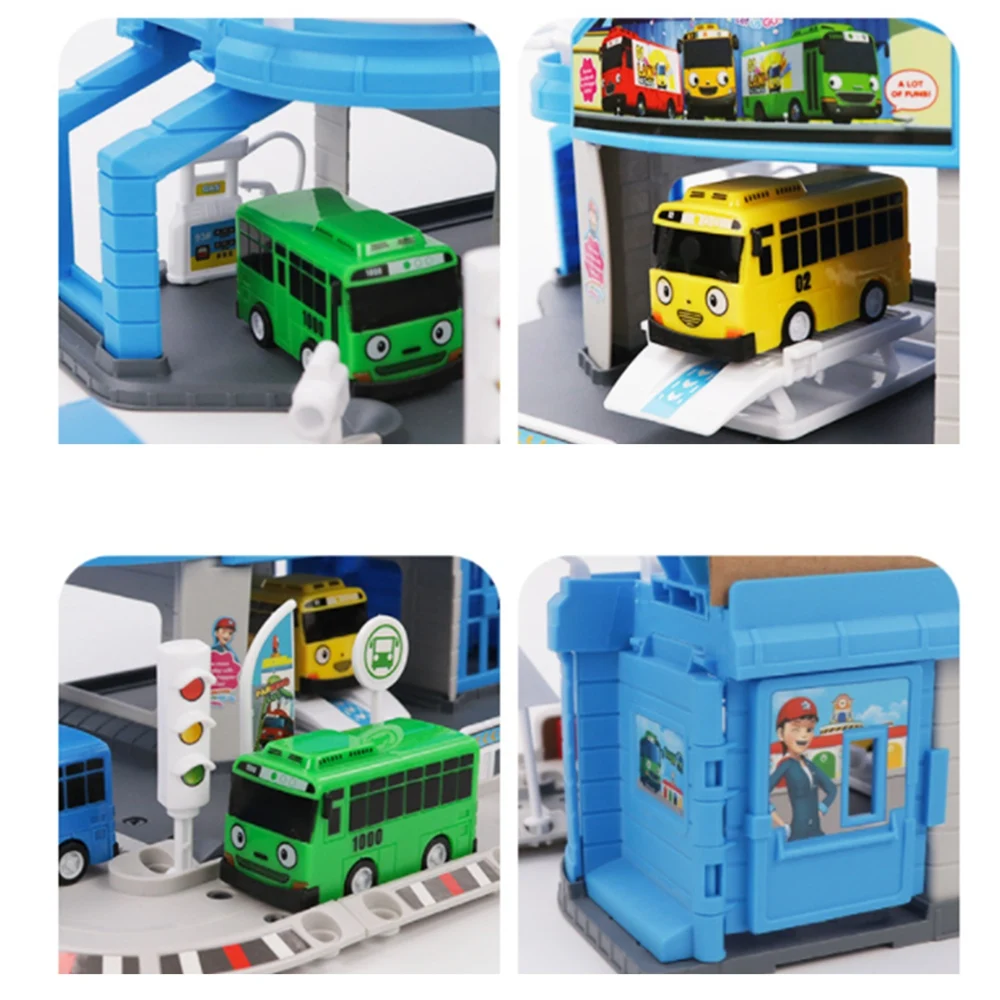 Cartoons Tayo the Little Bus Set Assembled Bus Station Parking Lot Car Runway Model with 2 Mini Tayo Bus