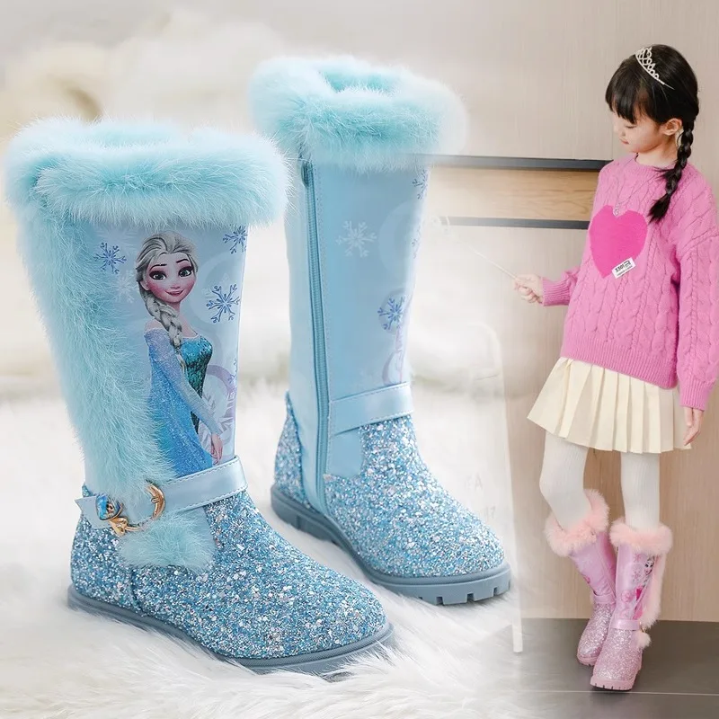 Nuovo cartone animato per ragazze Disney Frozen Boot Elsa Princess Stivali moda più scarpe per bambini in velluto