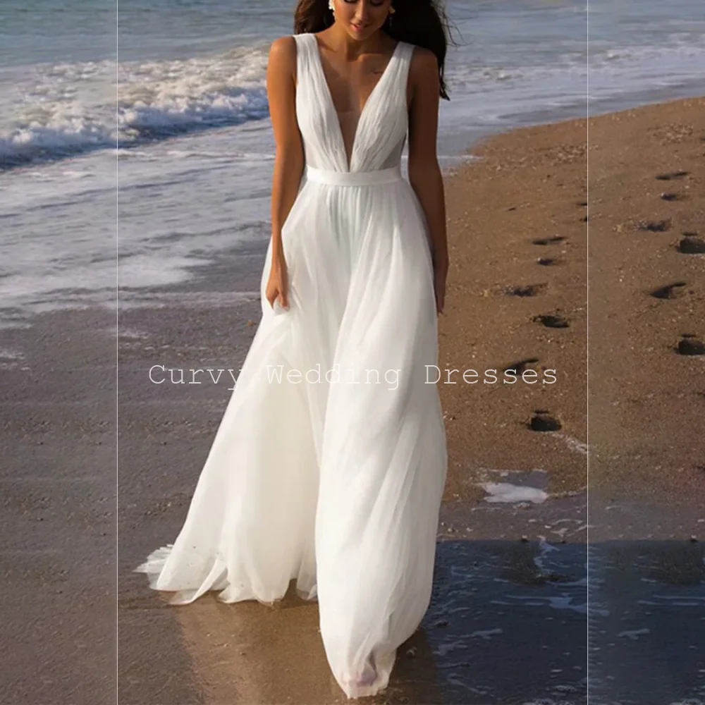 

Curvy Elegant Deep V-Neck Sleeveless Illusion Tulle A-Line Bridal Gown with Zipper Back for Wedding Customized 2026