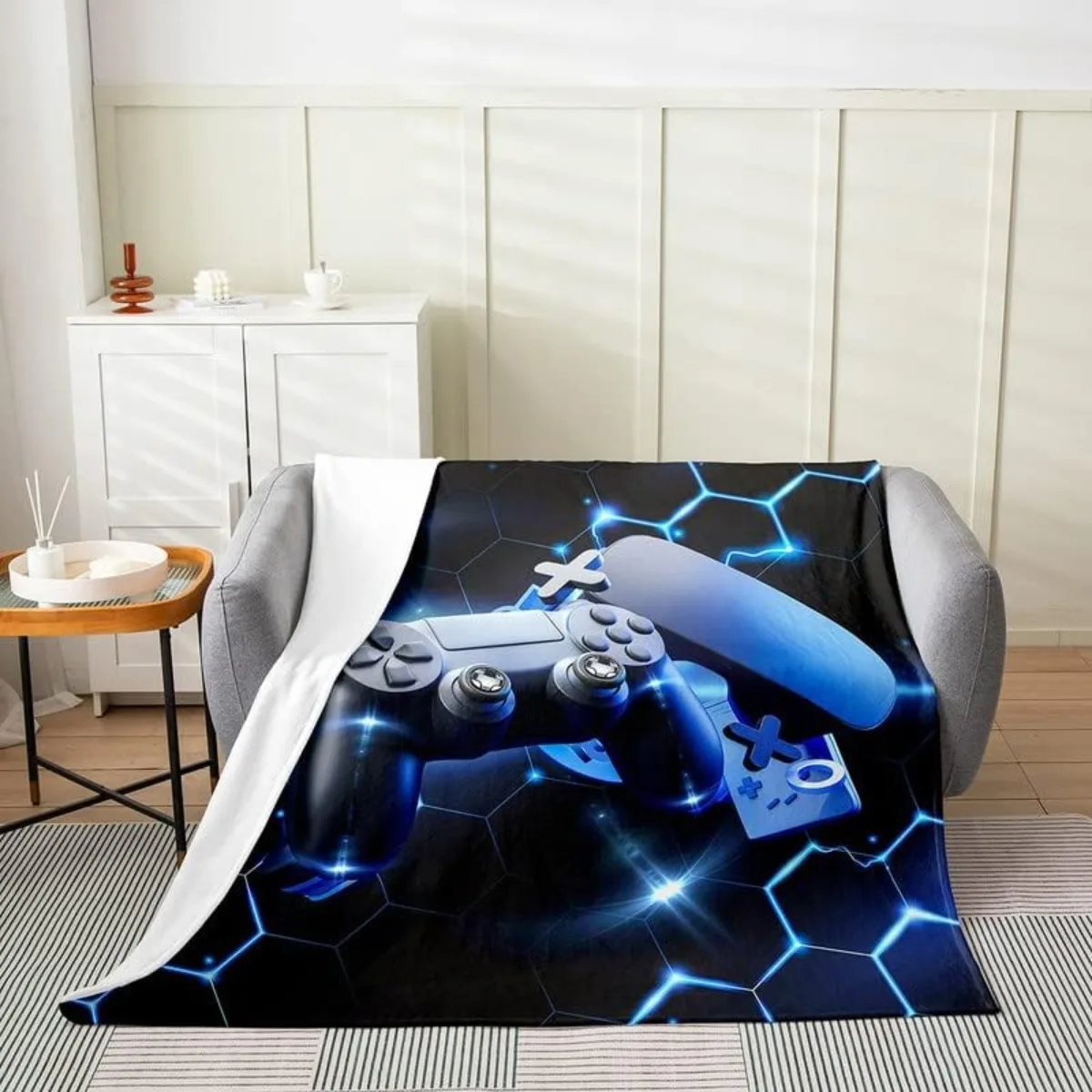 Gamer Fleece Throw Blanket for Kids Boys Girls,Video Game Lightning Blue Gamepad Controller Blanket Room Decor Throw