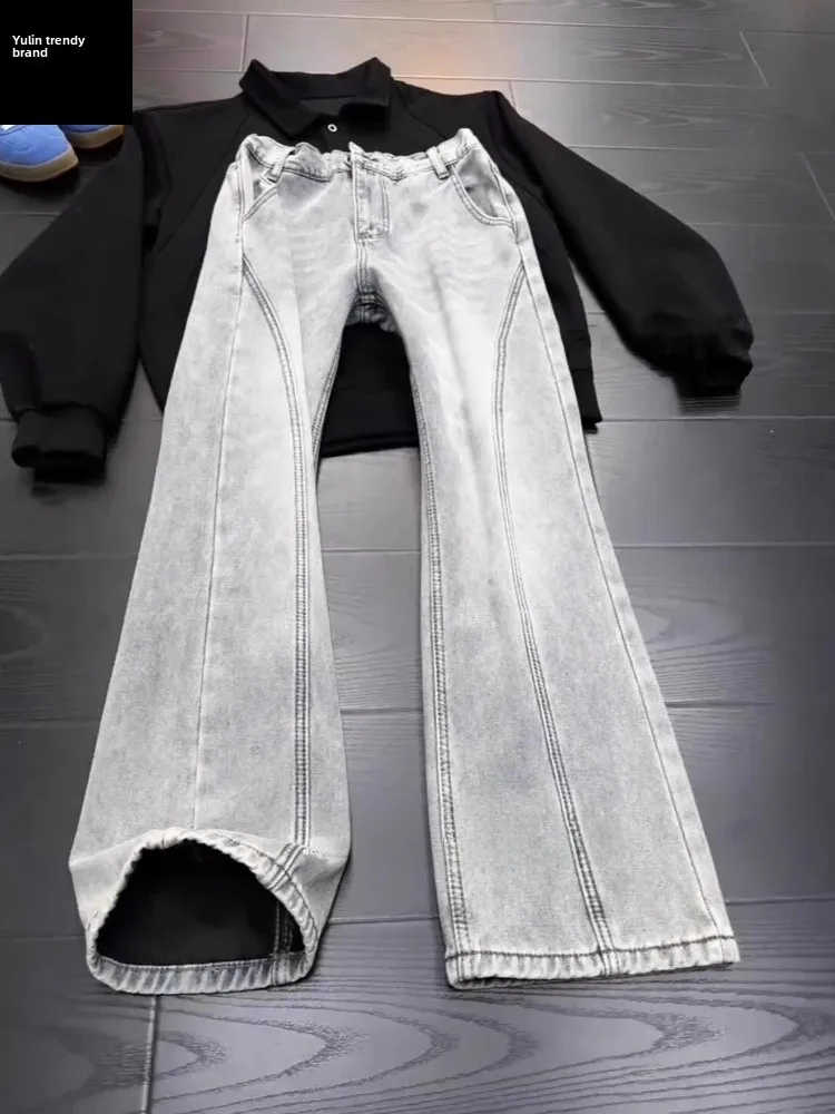 

American Style High Waist Tapered Jeans Men's Spring Autumn Straight Leg Micro Flared Pants Casual Vintage Washed Denim