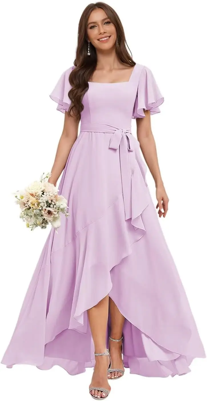 Women's Chiffon Bridesmaid Dress with Flowing Ruffle, Square Sleeves, Tie Pockets, Evening Gown Long Ball Gow Women Evening Gown
