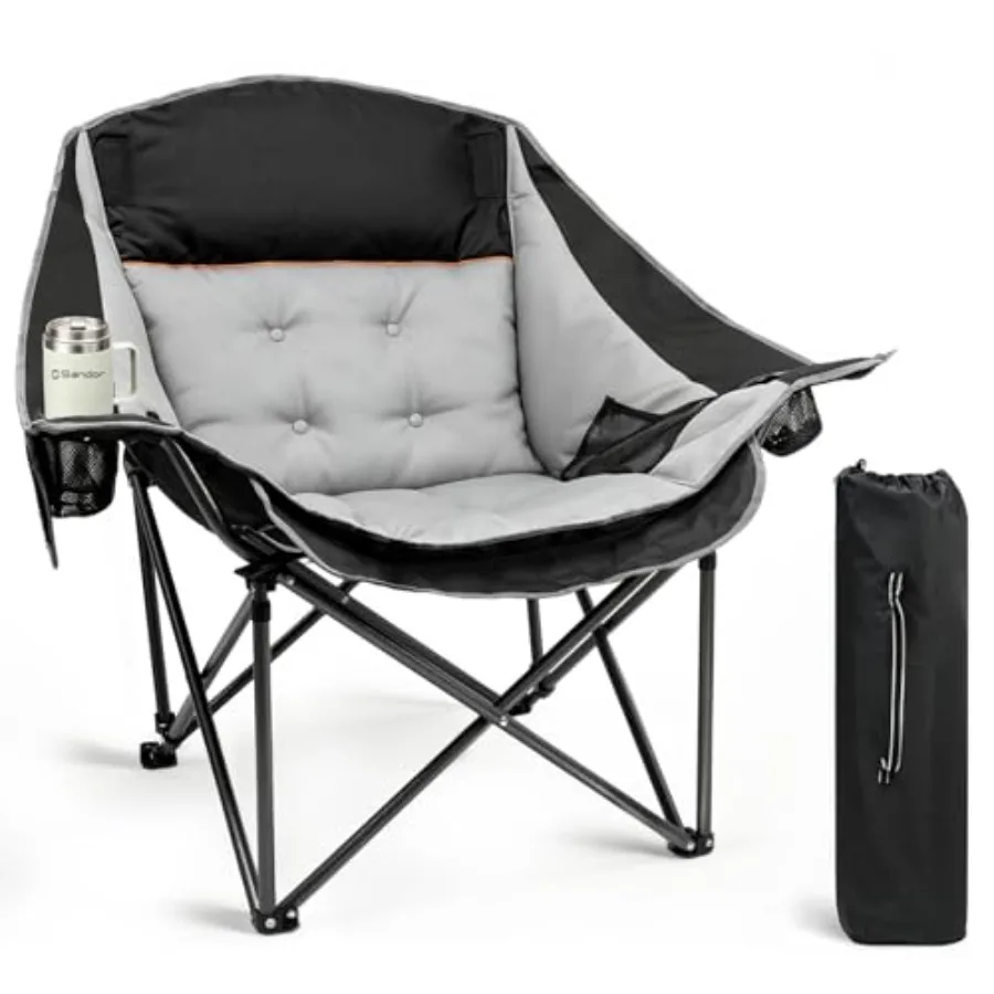 

Oversized Camping Chair for Lawn Beach Hiking, Heavy Duty Steel Frame Black Gray, 500 LBS Support, Padded Seat with Cup Holder