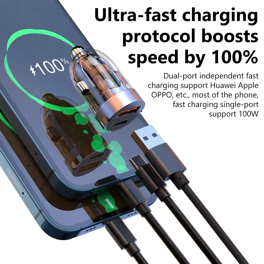 120W Transparent Invisible Pull Ring Car Charger USB Type C Fast Charging QC3.0 PD Phone Charger for iPhone Xiaomi Samsung