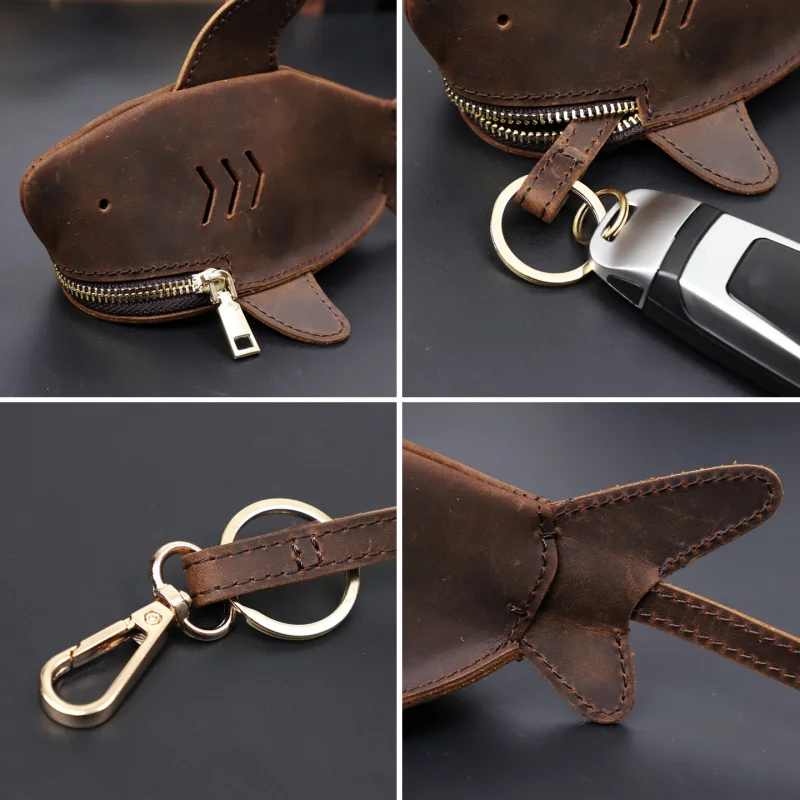 Creative Crazy Horse Leather Leather Keys Bag Portable Universal Shark Key Case Personalized Pocket Pendant Storage Pack