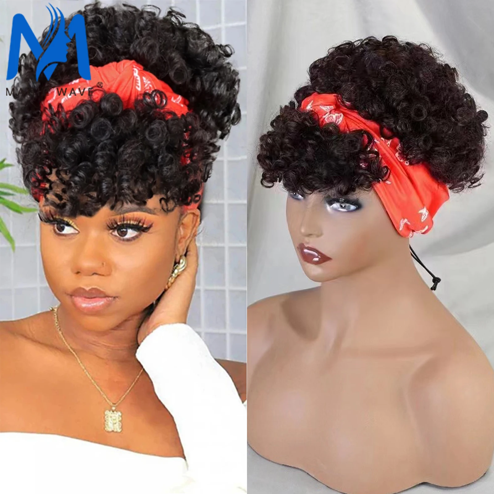 

Short Afro Bouncy Curly Human Hair Headband Wig Fluffy Curly Scarf Wig with Bangs 200% Density Afro Kinky Curly Headband Wigs