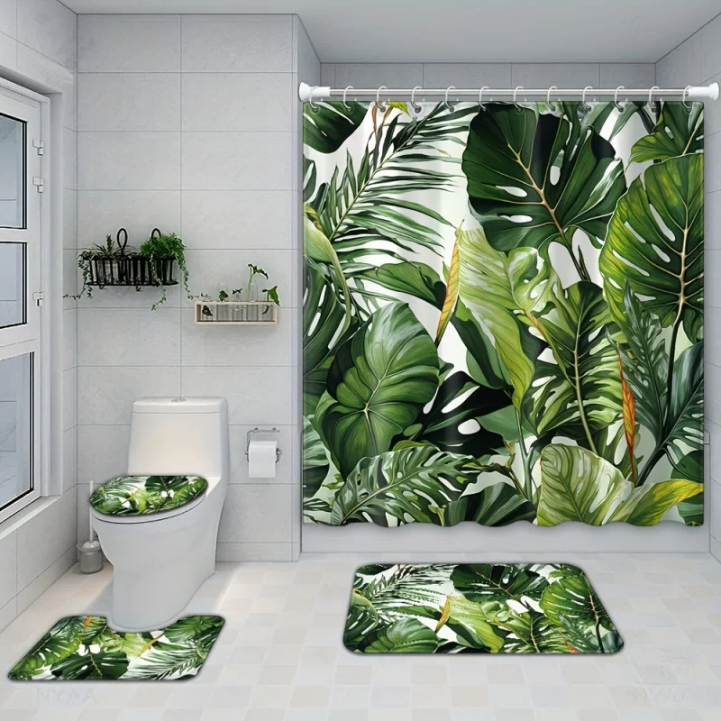 Tropical Leaf Print Bathroom Set: Includes 180cm/71inch Shower Curtain with 12 Hooks, Bath Mat, U-Shaped Rug, Toilet Seat Cover,