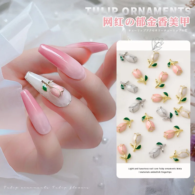 10Pcs/bag Metal Pink Tulips Nail Art Luxe Charms 3D Flower Jewelry Kawaii Korean Manicure Decoration Nail Parts Supplies JS48-10