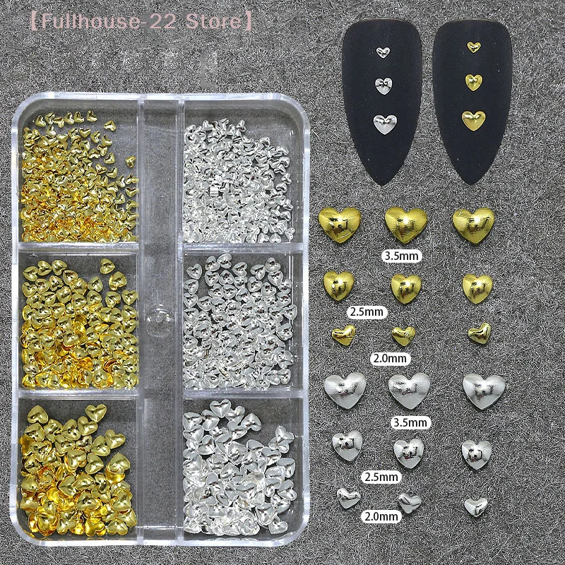【MAX-22】6 Gitter 3D Metall Herz Nagelkunst-Charms Gold/Silber Sternenlicht-Nieten Nageldekorationen Y2K Maniküre-Zubehör Nagelteile