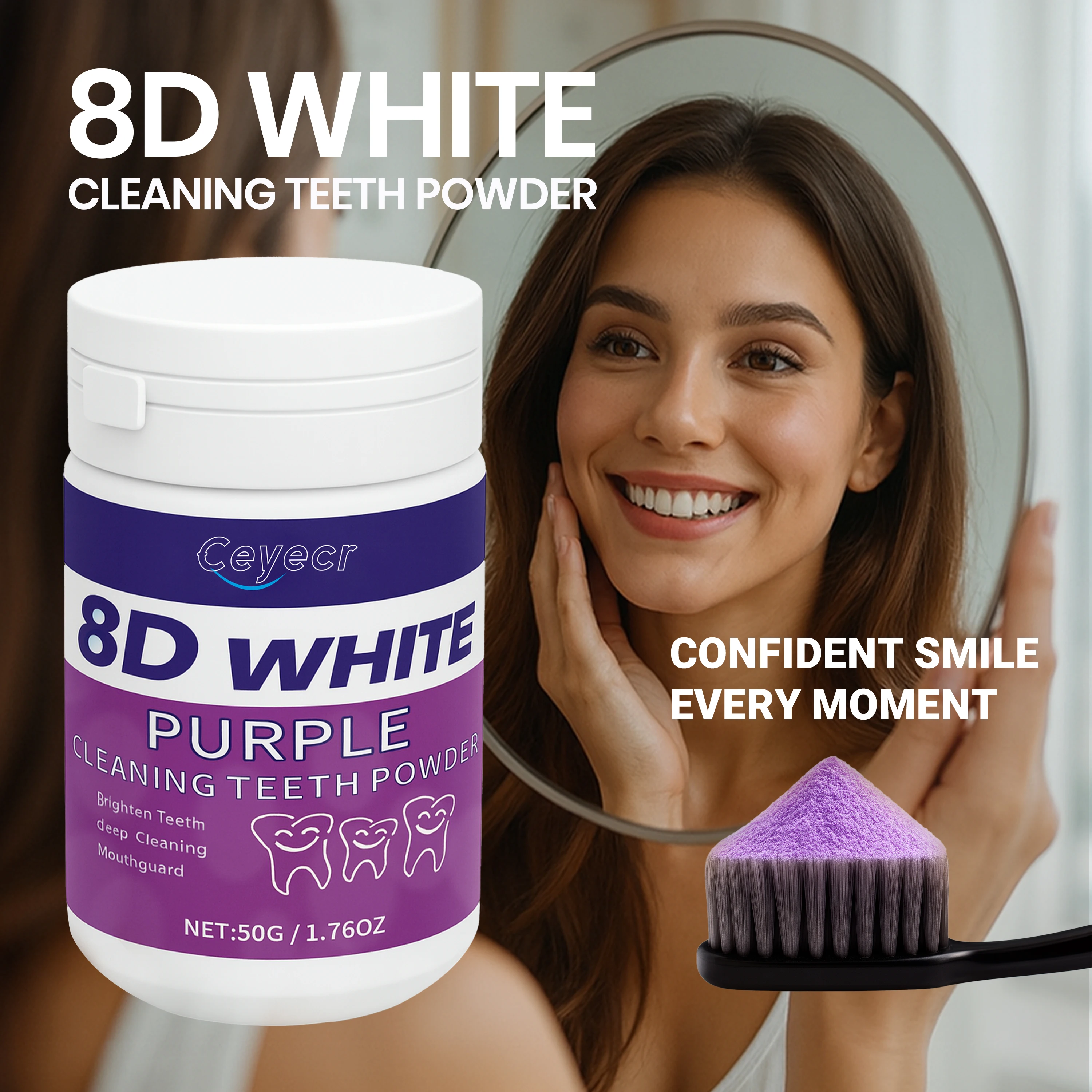 Polvo blanqueador de dientes 8D, 50 g/1.76 oz - Polvo de limpieza profunda y limpieza dental, pasta de dientes para aliento fresco, cuidado dental