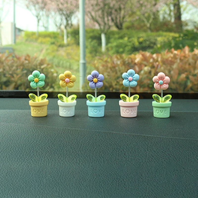 1PC Car Center Console Decor Simulated Potted Flower Desk Ornaments Swinging Potted Macaron Five Petal Flower Car Accessories