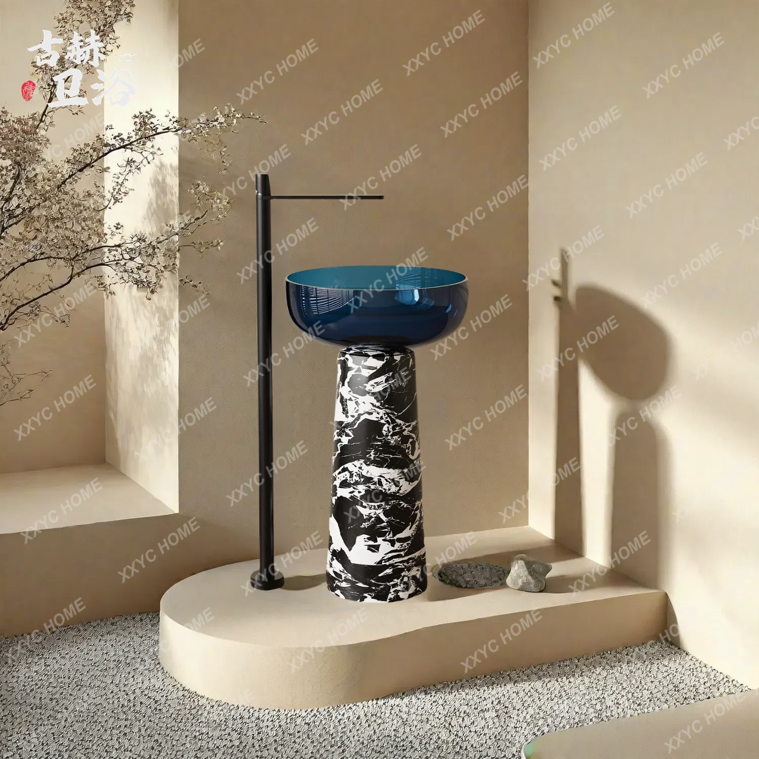 AAMedieval Retro Style Black Marble Floor-to-ceiling Bed And Breakfast Club Hand Washing Basin Column Basin