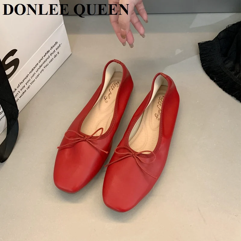 2024 Fashion Candy Color Flats Ballet Shoes Women Female Ballet Round Toe Shallow Bow Knot Ballerina Soft Moccasin Zapatos Mujer