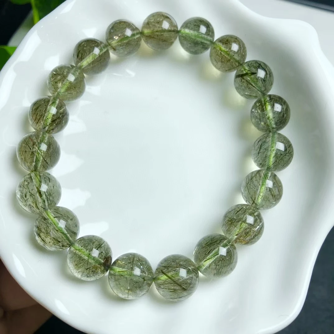 Natural Green Tourmilated Rutilated Quartz Clear Round Beads Bracelet Jewelry Women Men Fashion Best Stone AAAAA