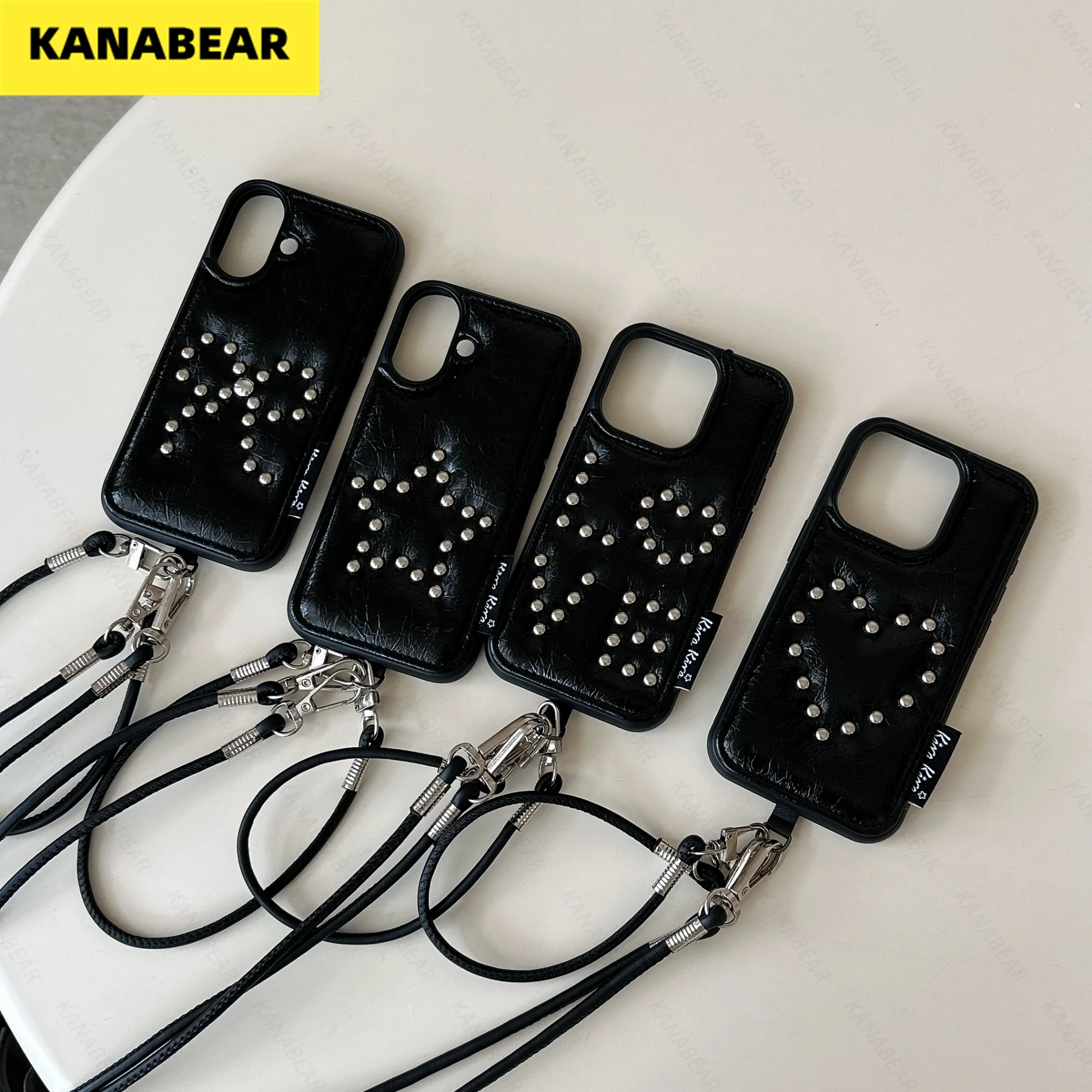 

Phone Case for Apple iPhone 16/15/14/13 Pro Max: Embroidered Black Oil-Wax Leather with Rivets, Cute Cartoon Style