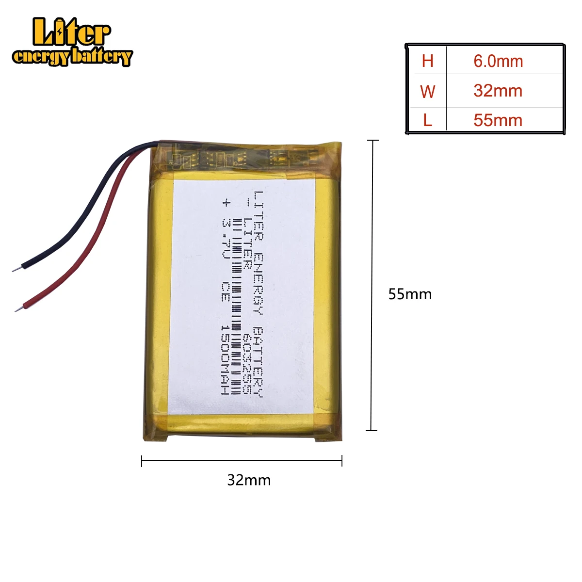 3,7 V, 1500 mAH, [ 603255 ] PLIB; Batería de polímero de iones de litio/Li-ion para dvr, GPS, mp3, mp4, teléfono móvil, altavoz