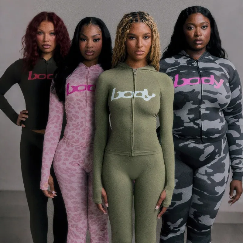 

Женский осенний костюм с брюками и толстовкой с капюшоном, камуфляжным принтом, длинными рукавами, модный, приталенный, повседневный, минималистичный, универсальный, стильный