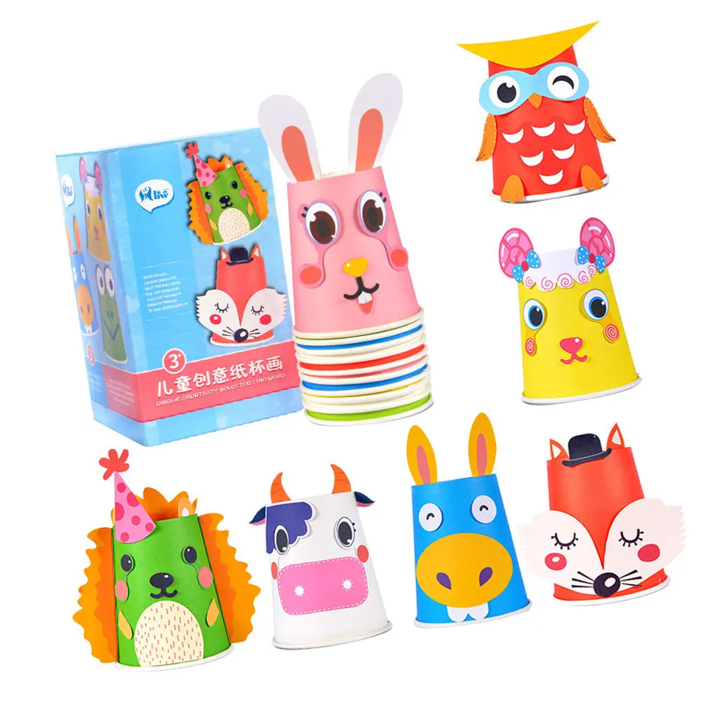 Bonito dos desenhos animados diy copo de papel arte kit 12 copos 10 cartões 1 fita dupla 1 cartão de referência durável seguro artesanato educacional