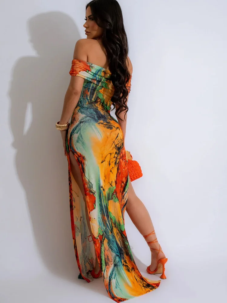 Kricesseen Tropical Off Shoulder Print High Slit Long One-Piece Dress Gown Fashion Tie Dye Bodycon Party Dress Festival Outfits