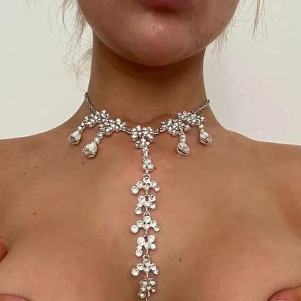 

Elegant Silver Floral Body Chain Sparkling Rhinestone Y-Shape Necklace Harness Women Wedding Party Jewelry