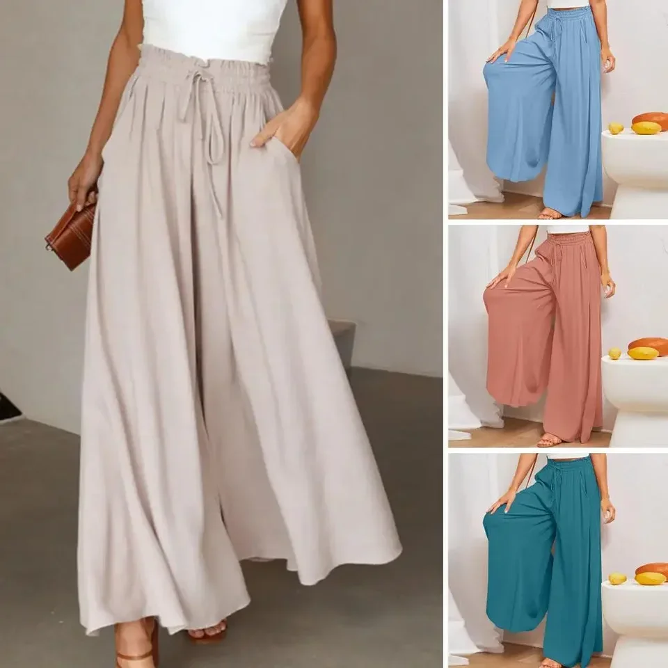 

Women's Solid Color Trousers Elastic Belt Wide Leg High Waist Long Culottes vetement femme