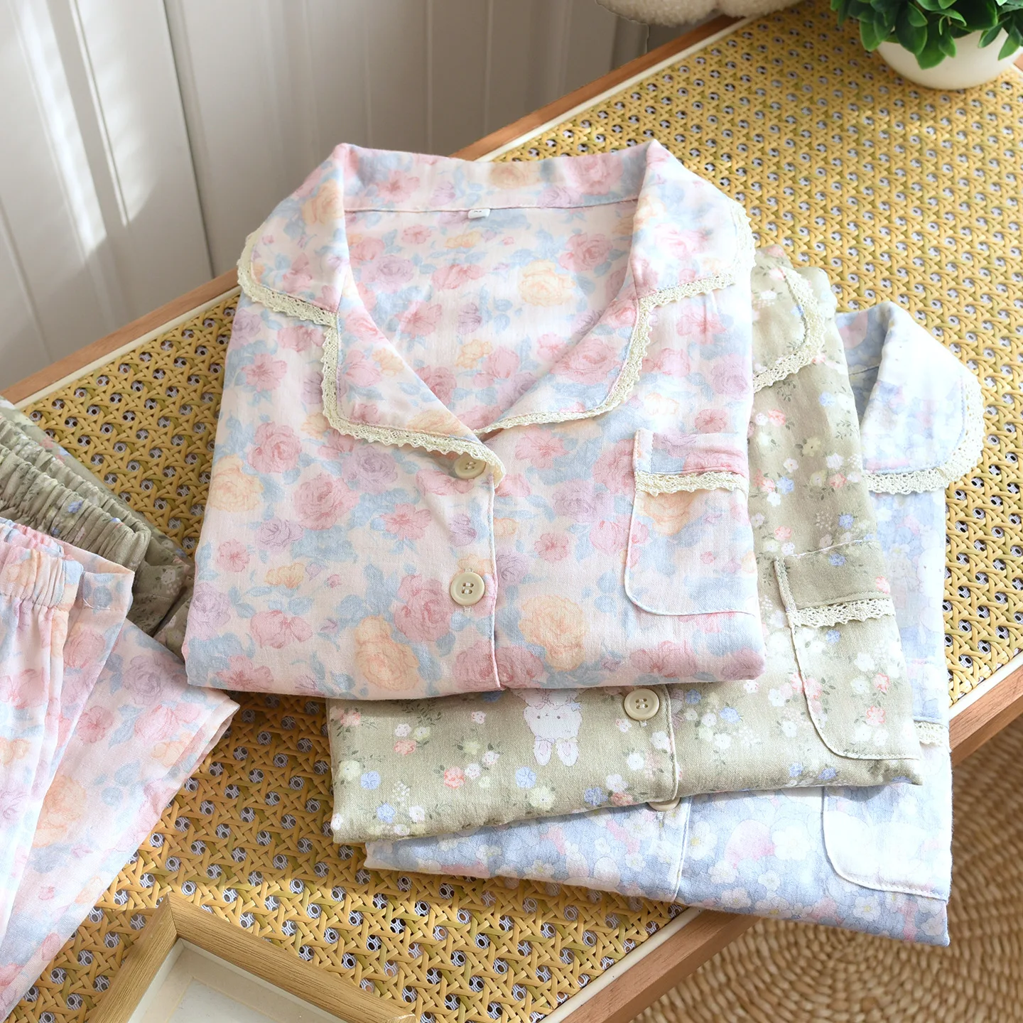 Spring and Autumn Cotton Double Layer Gauze Trousers Pajama Set Cute and Sweet Printed Thin Home Wear Pijama Clothes