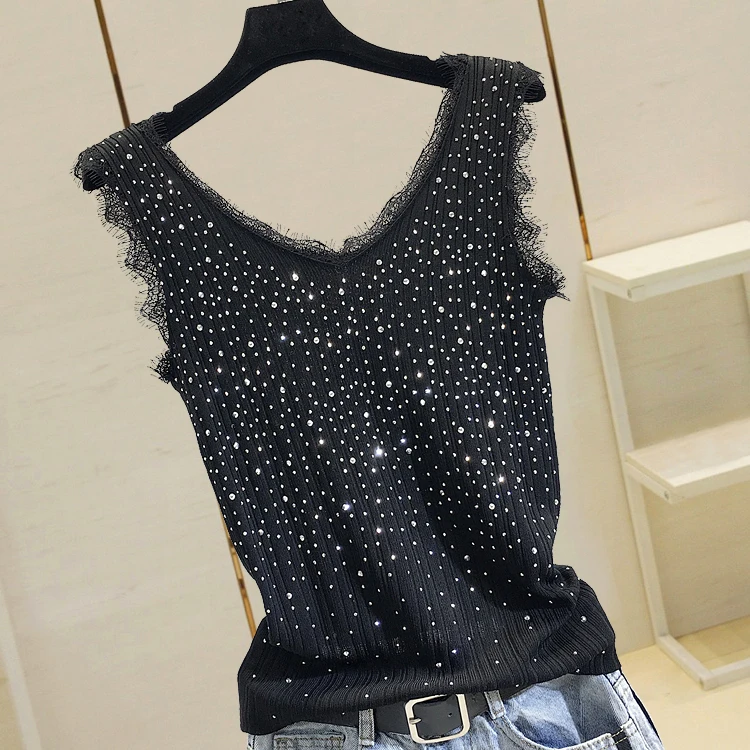 Summer New Fashion Camisole Tanks T Shirts Women Heavy-duty Ironing and Drilling Knitting Tops Y2k Top