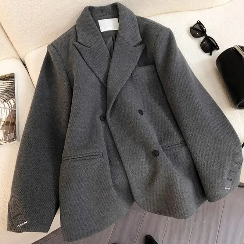 UNXX Autumn/winter Retro Casual Woolen Suit Jacket British Style Solid Loose Double Breasted Suit Collar Woolen Jackets Women