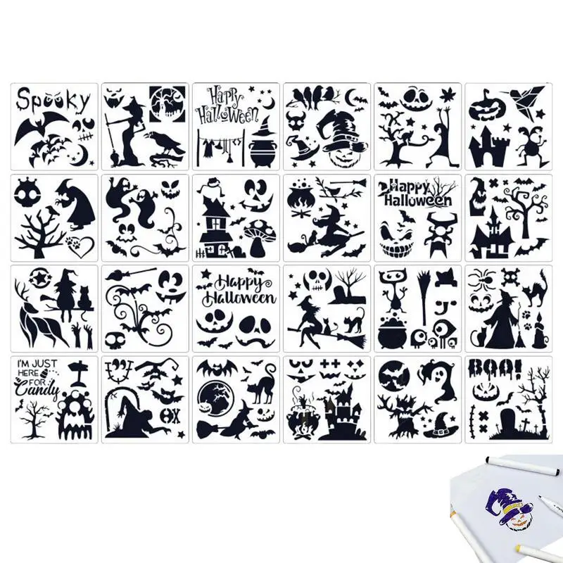 Halloween Painting Stencil 24pcs/Set Halloween Decoration Stencil For Painting Carving On Wood Reusable Halloween Drawing