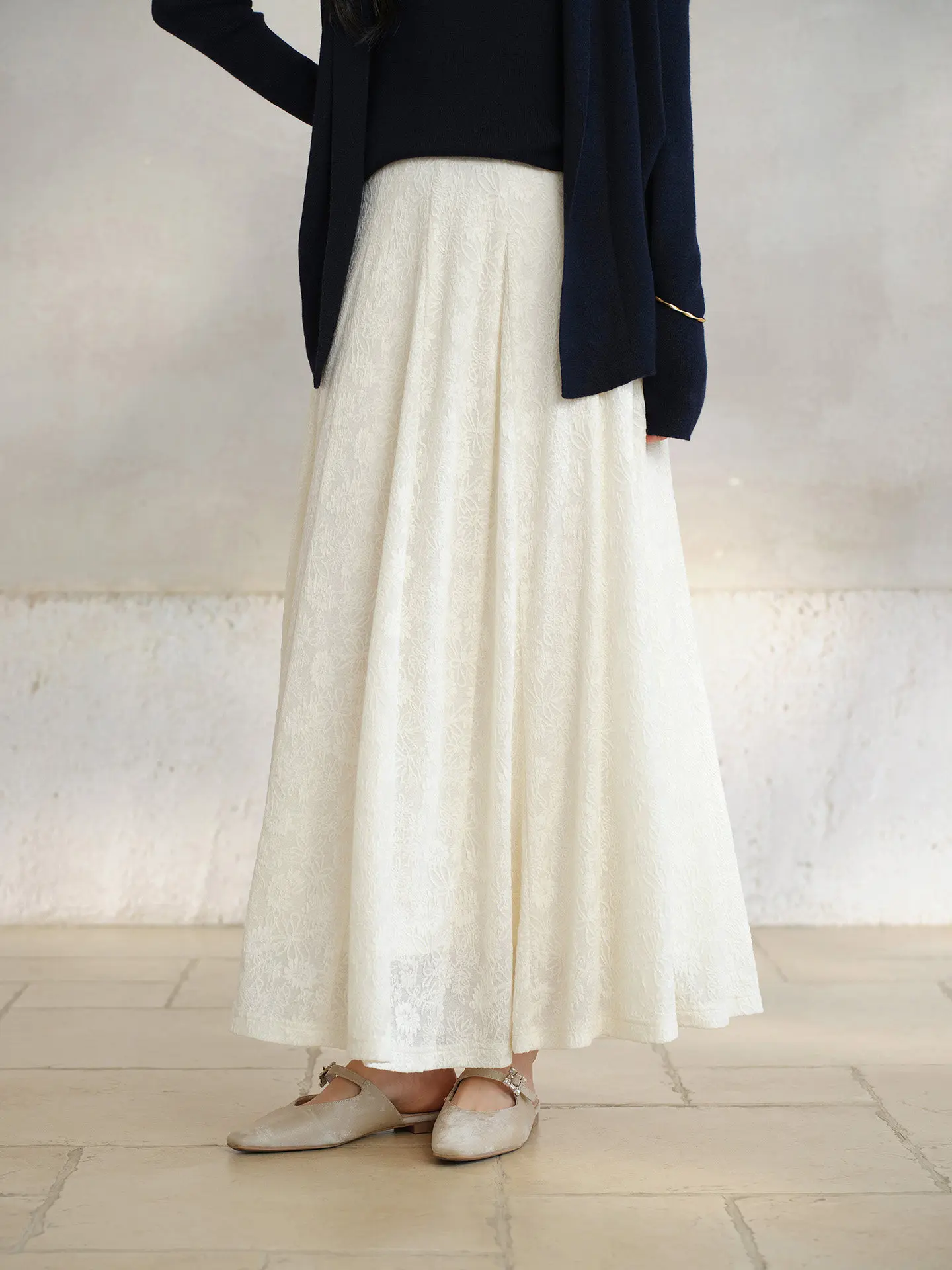 Women Heavy Jacquard Skirt Early Spring High Waist Petite Friendly A-line Swing Maxi Bottom for Lady Retro Casual Daily Chic