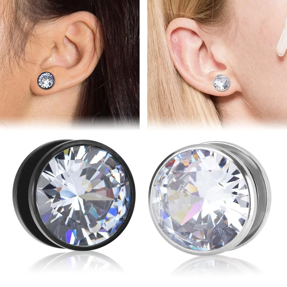 1 Pair CZ Gem Ear Tunnels Plugs Stainless Steel Hollow Zircon Screw Ear Gauges Stretcher Piercing 2g-5/8