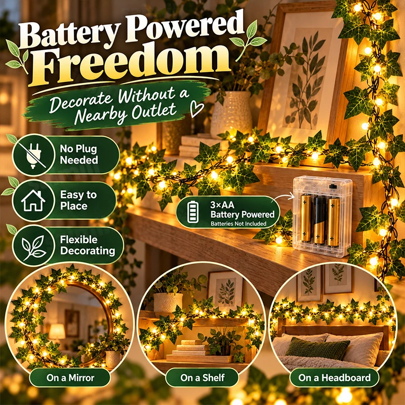 Energy-saving Battery Ivy Vine LED Lights Long Lasting Warm White Fairy String Lights with Artificial Ivy Leaves for Home Decor