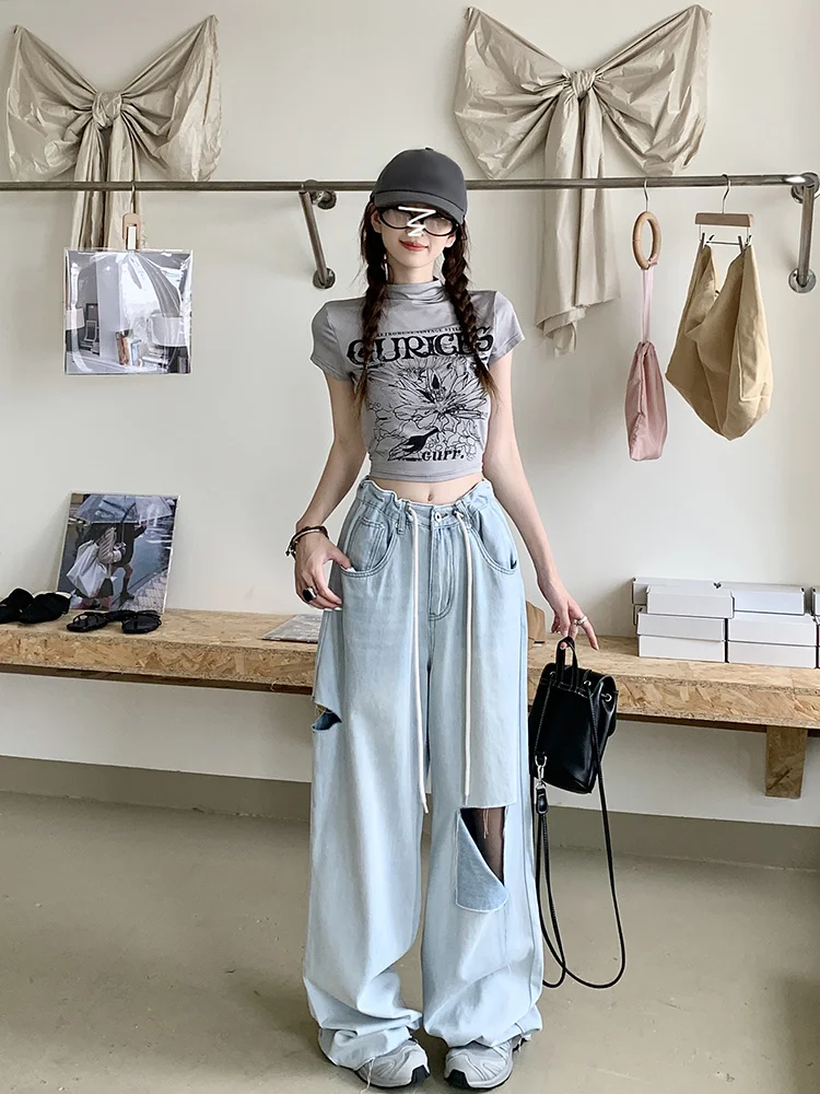 American Light Blue Jeans For Women's Summer Thin Drawstring Loose Wide Leg Pants With Straight High Waist Pants Women